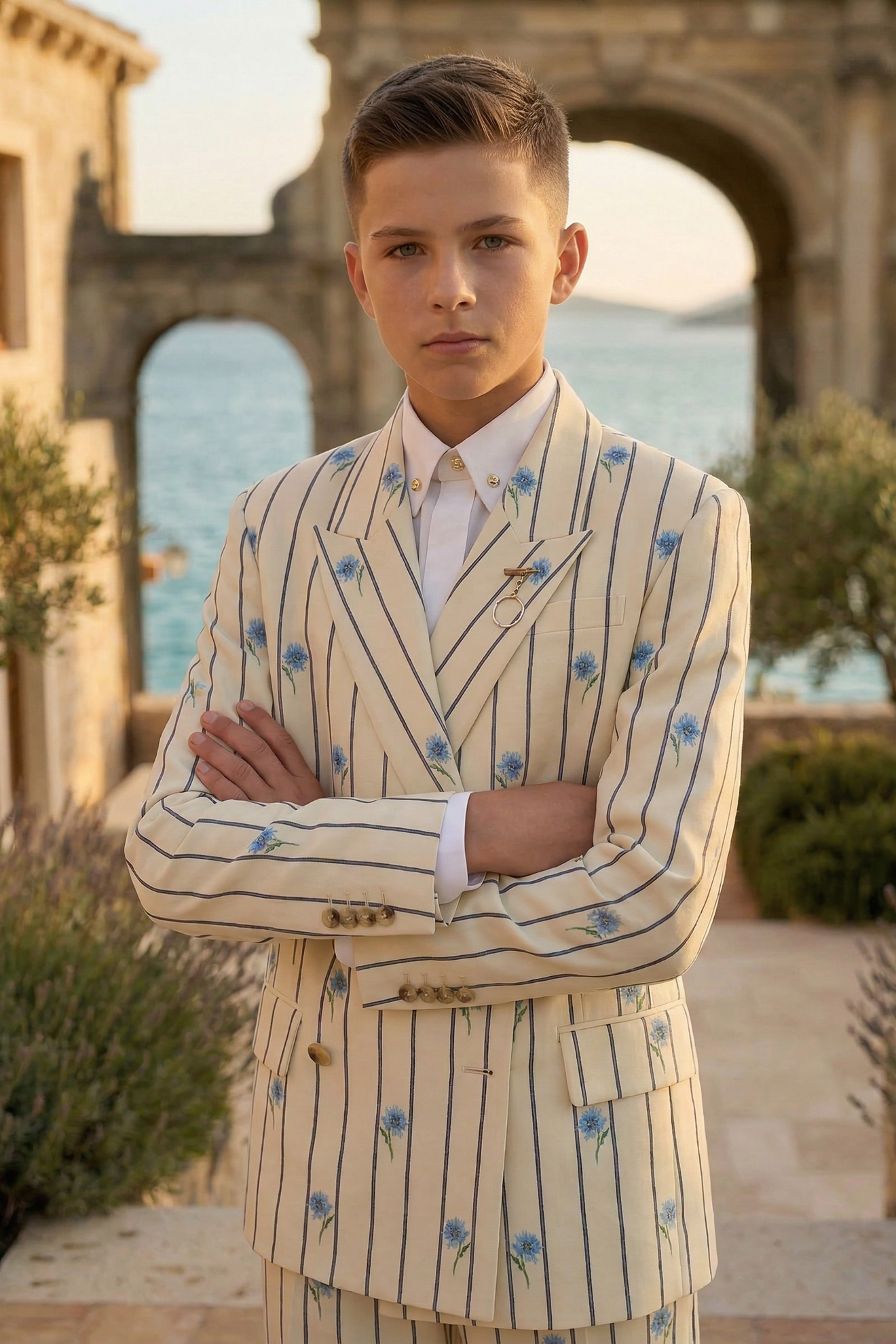 Beige Striped Printed 2-Piece Suit