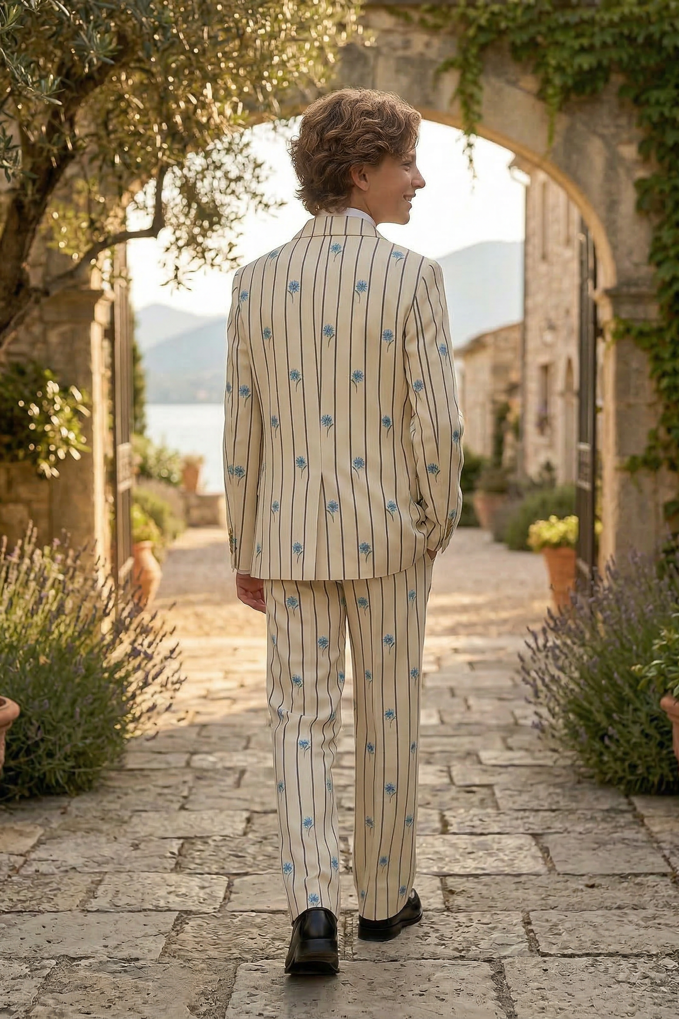 Beige Striped Printed 2-Piece Suit