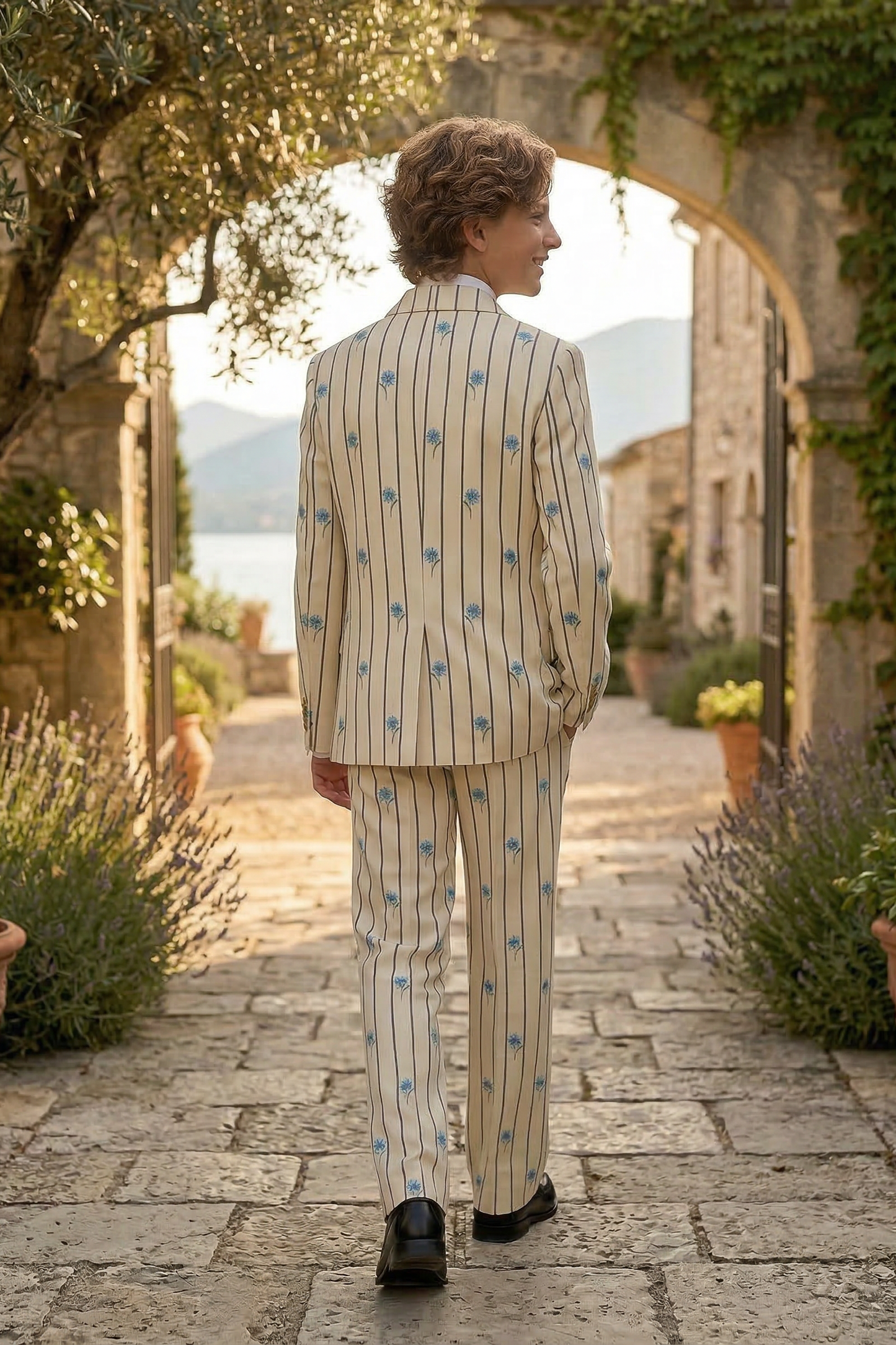 Beige Striped Printed 2-Piece Suit