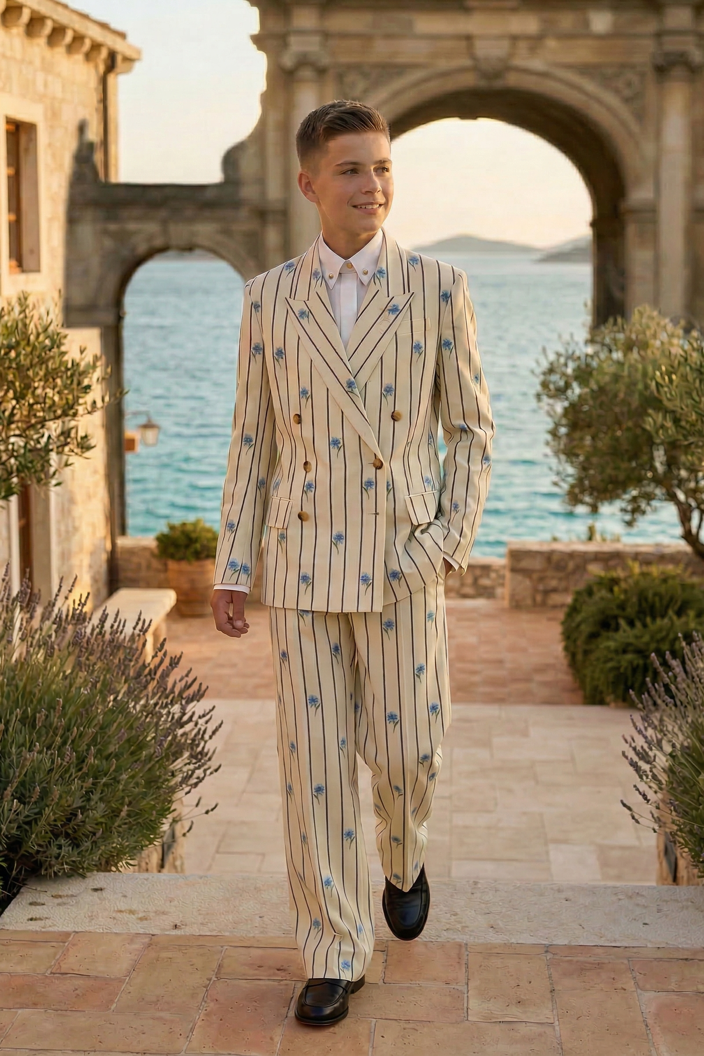 Beige Striped Printed 2-Piece Suit