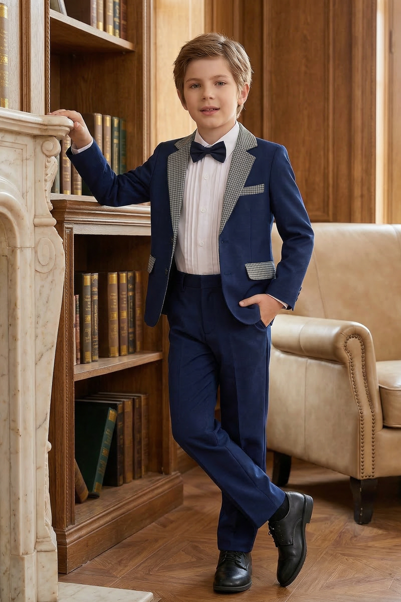 Dark Blue Patchwork Plaid 2-Piece Suit