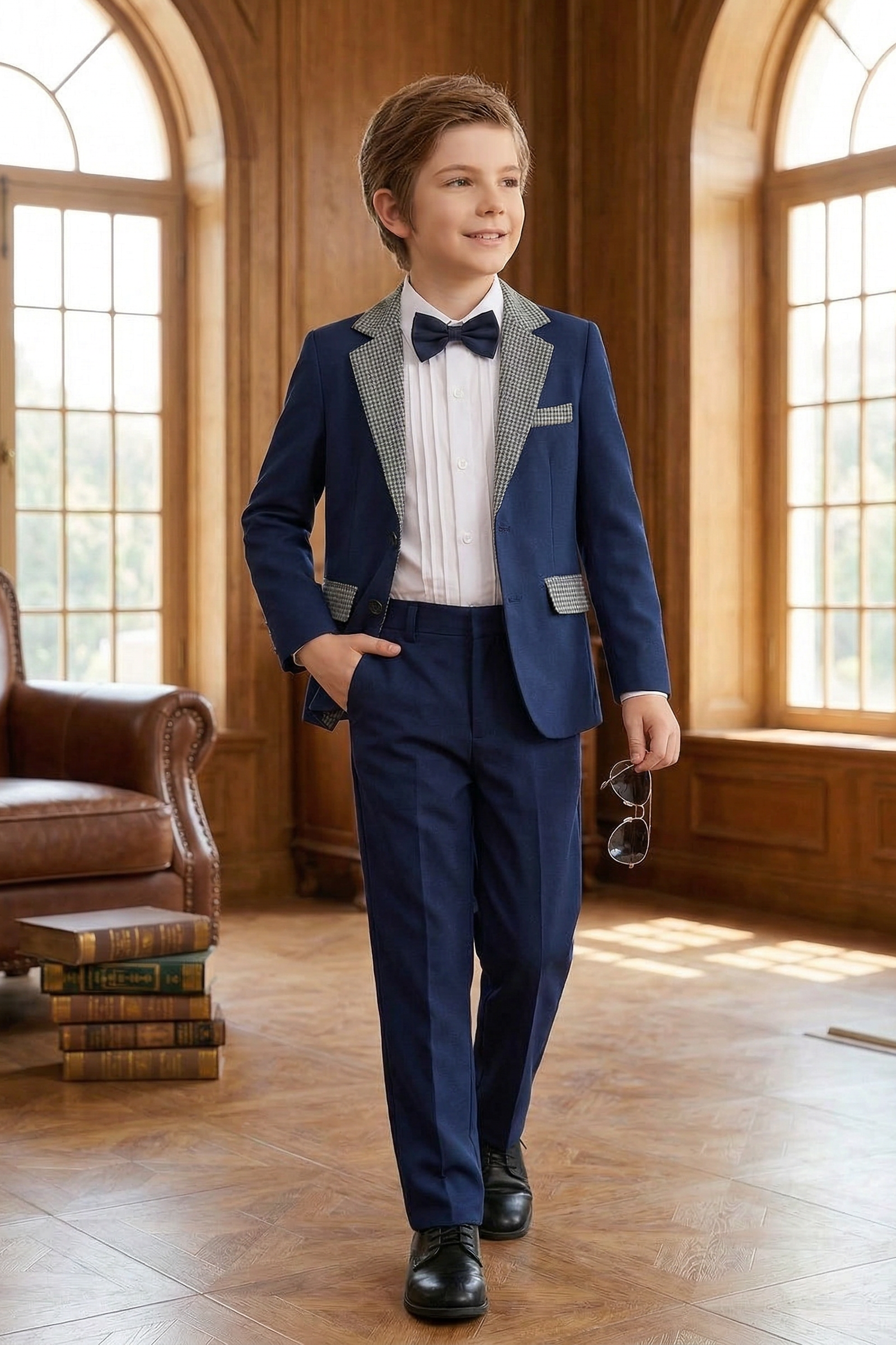 Dark Blue Patchwork Plaid 2-Piece Suit