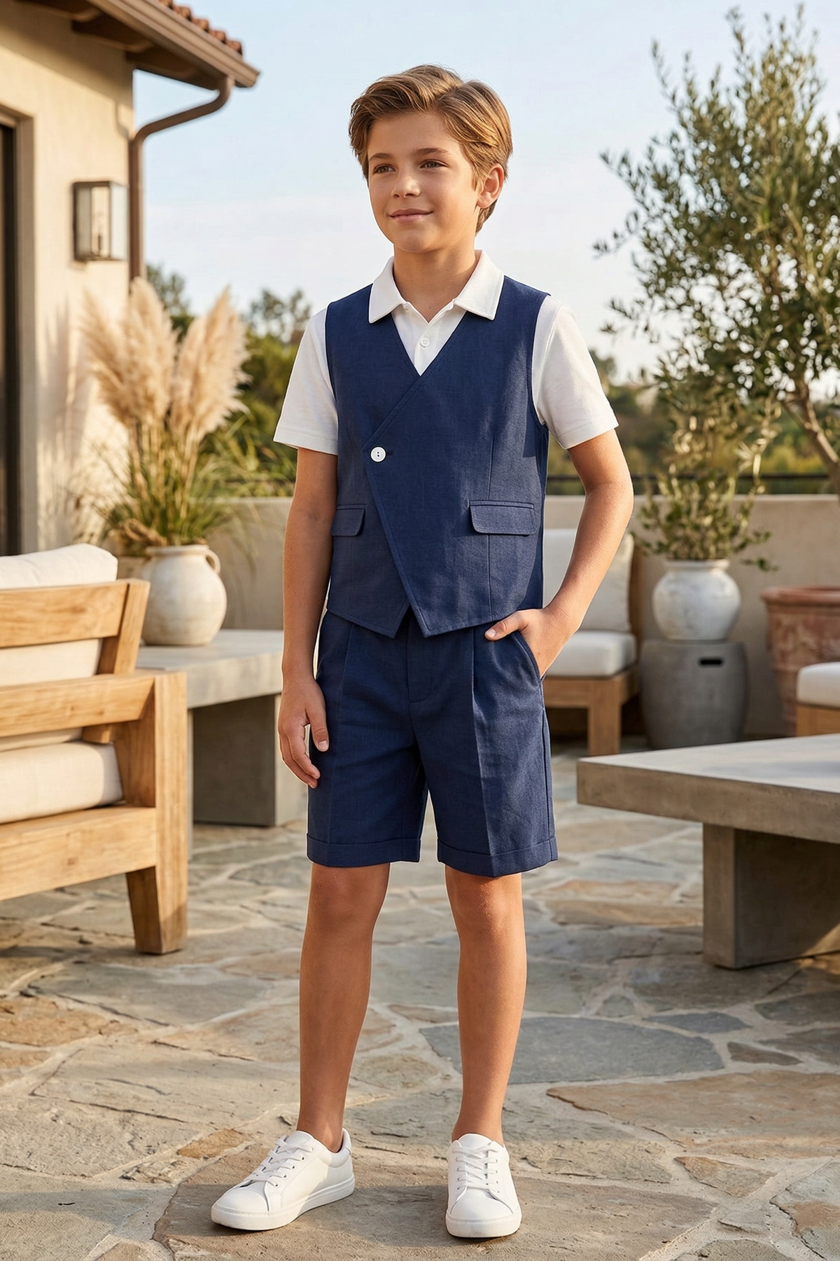 Dark Blue V-Neck 2-Piece Set