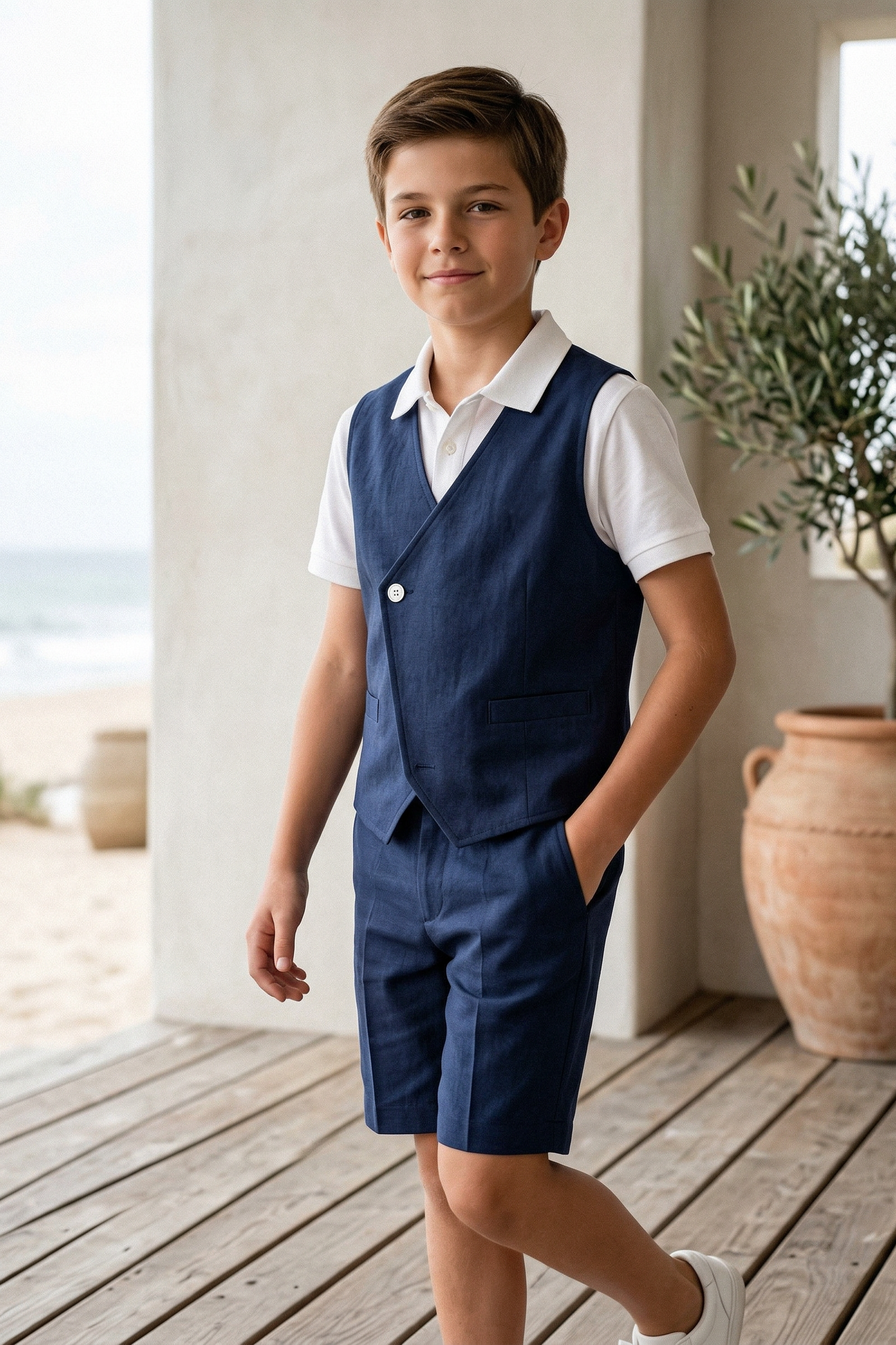 Dark Blue V-Neck 2-Piece Set