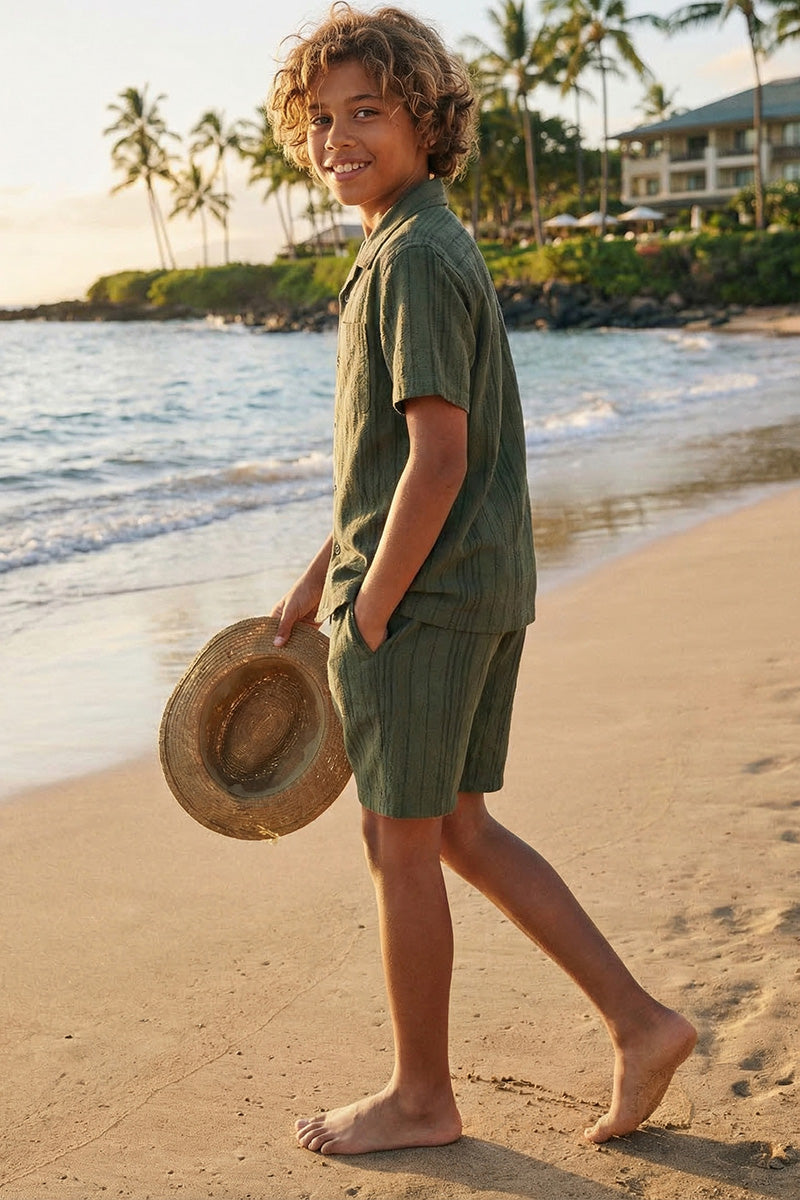 Boys Olive Green Textured Short-Sleeve Shirt & Shorts Set
