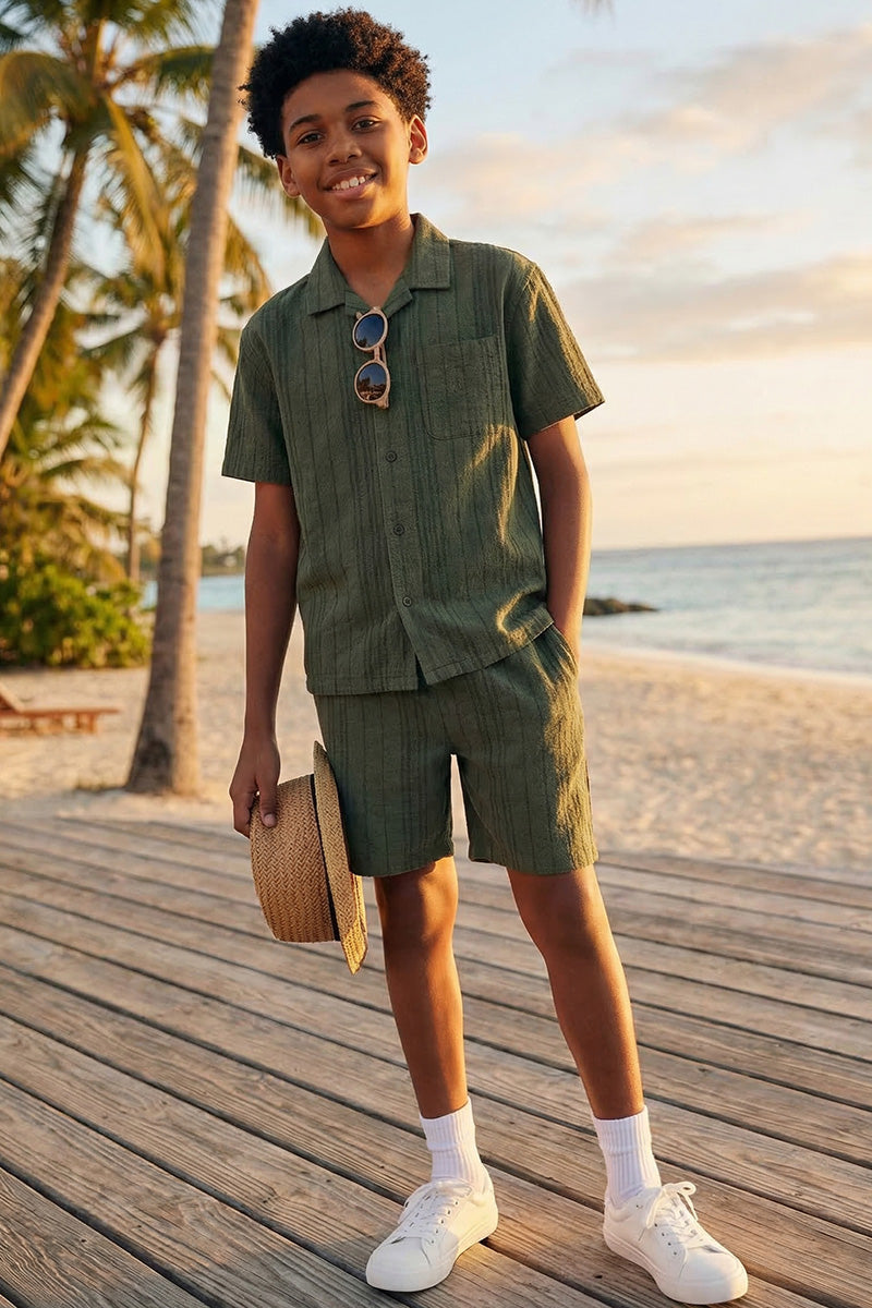 Boys Olive Green Textured Short-Sleeve Shirt & Shorts Set