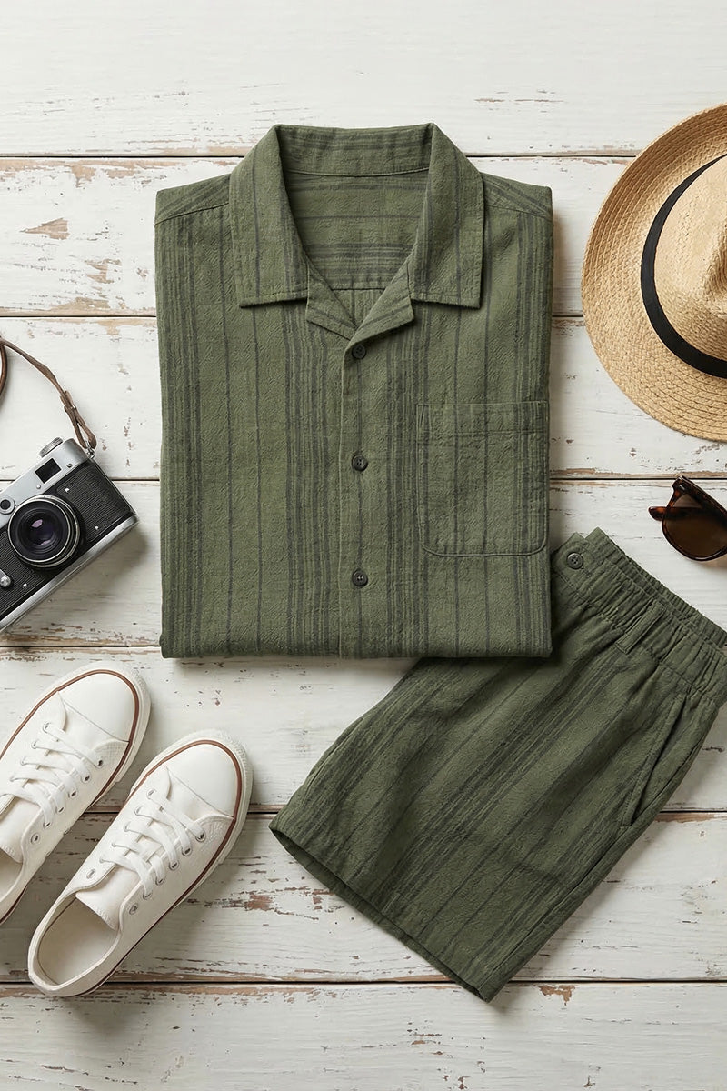 Boys Olive Green Textured Short-Sleeve Shirt & Shorts Set