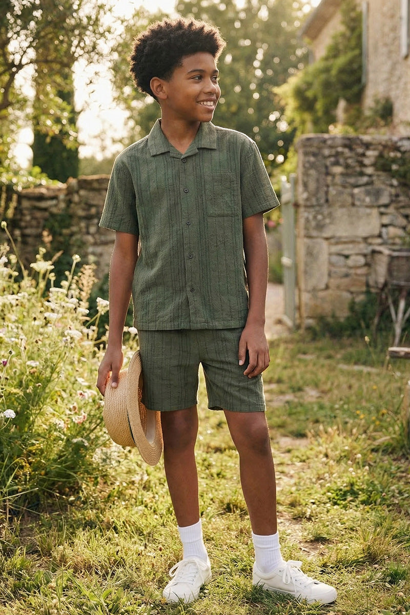Boys Olive Green Textured Short-Sleeve Shirt & Shorts Set