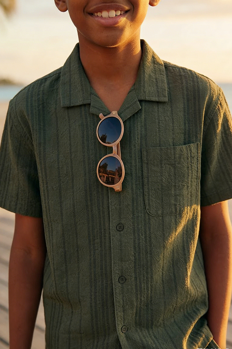 Boys Olive Green Textured Short-Sleeve Shirt & Shorts Set