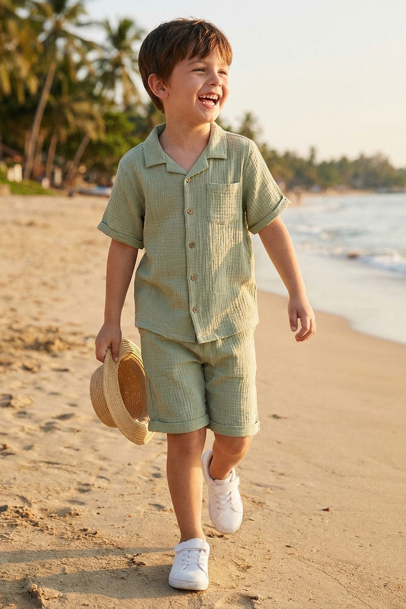 Boys Sage Green Linen Short-Sleeve Shirt & Shorts Set