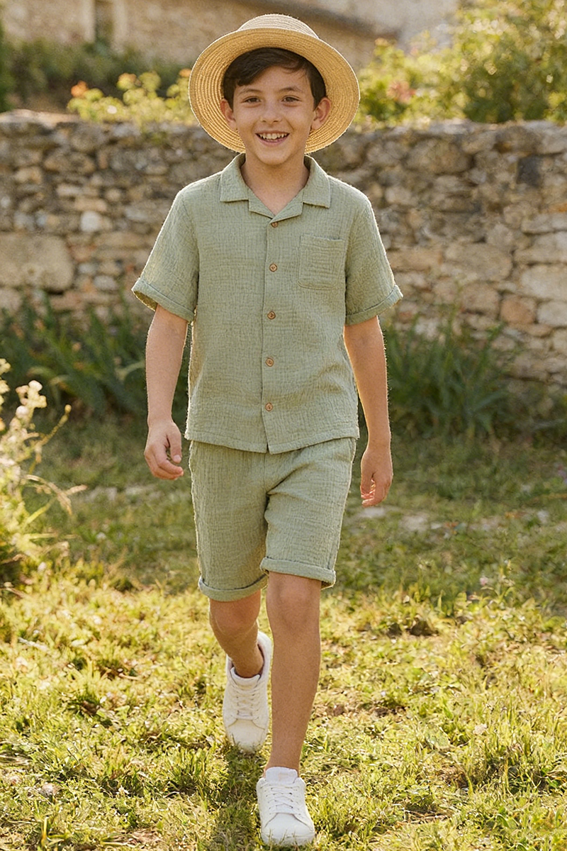Boys Sage Green Linen Short-Sleeve Shirt & Shorts Set