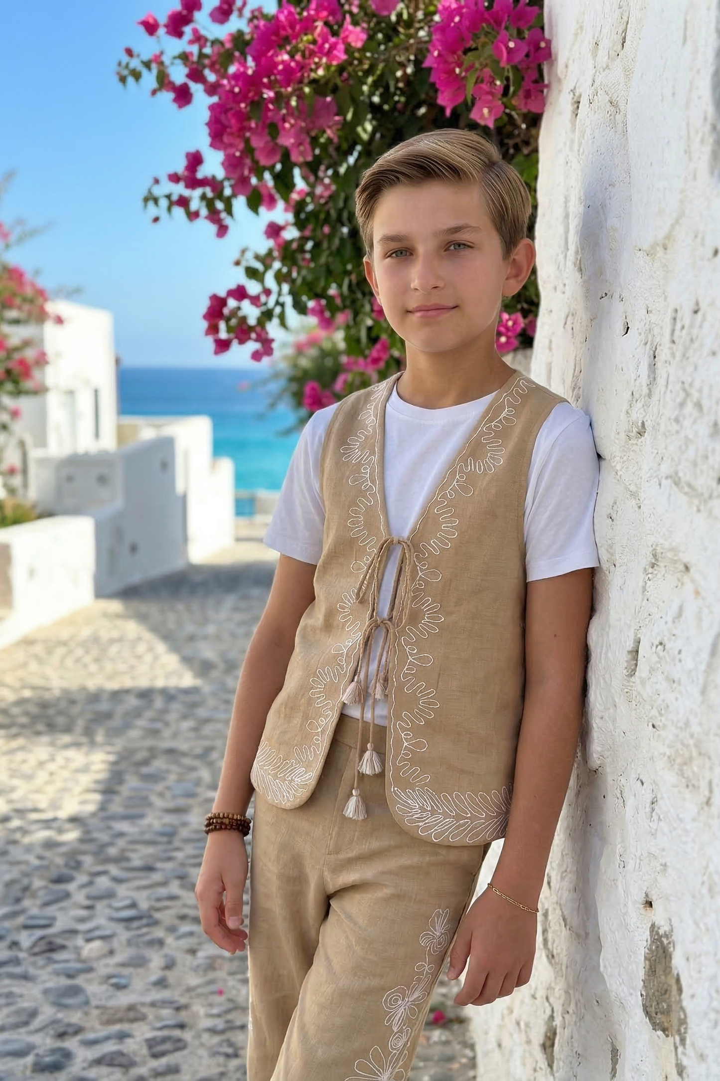 Khaki Tie-up V-neck 2-Piece Set