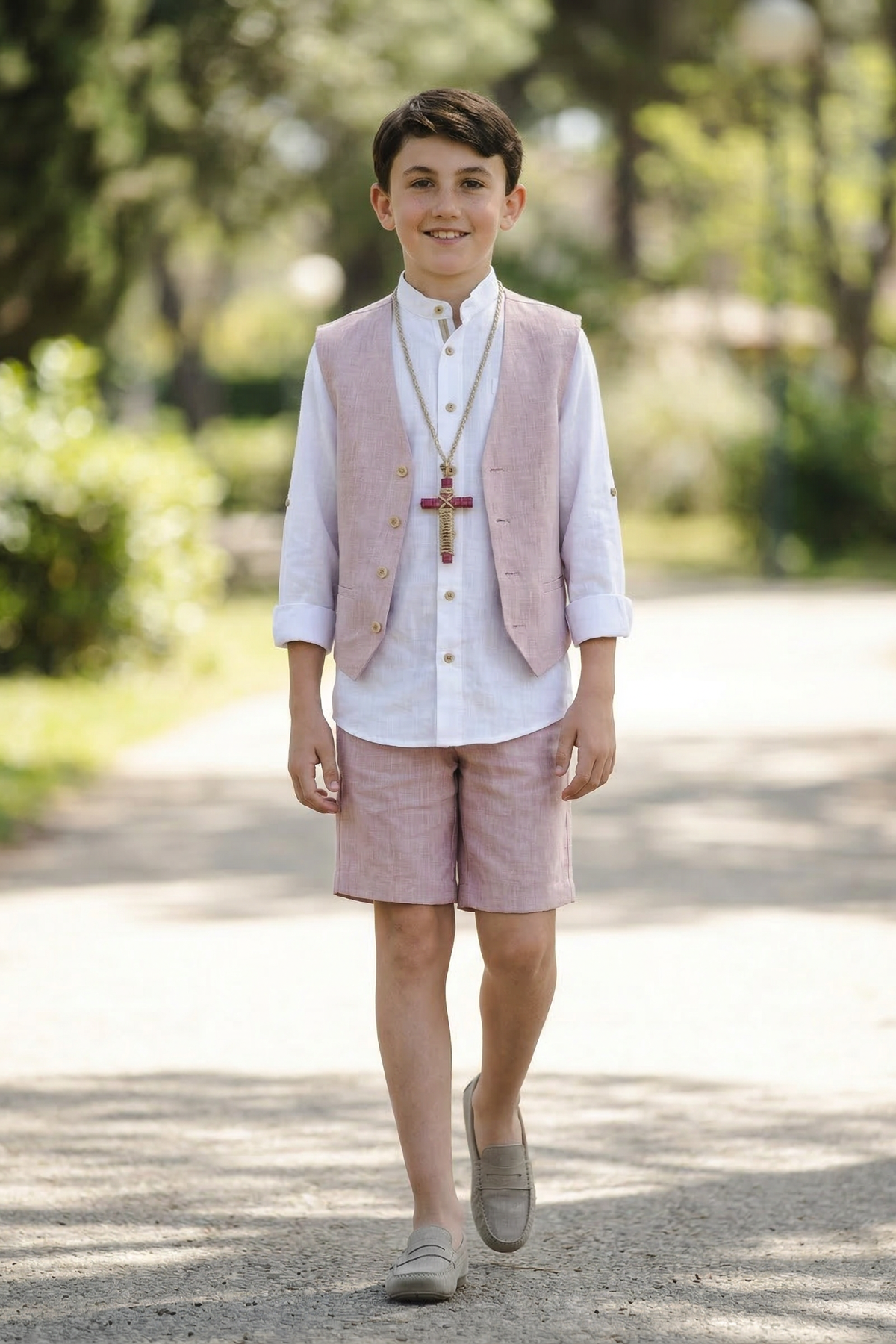 Light Pink V-neck Single-Breasted 2-Piece Set