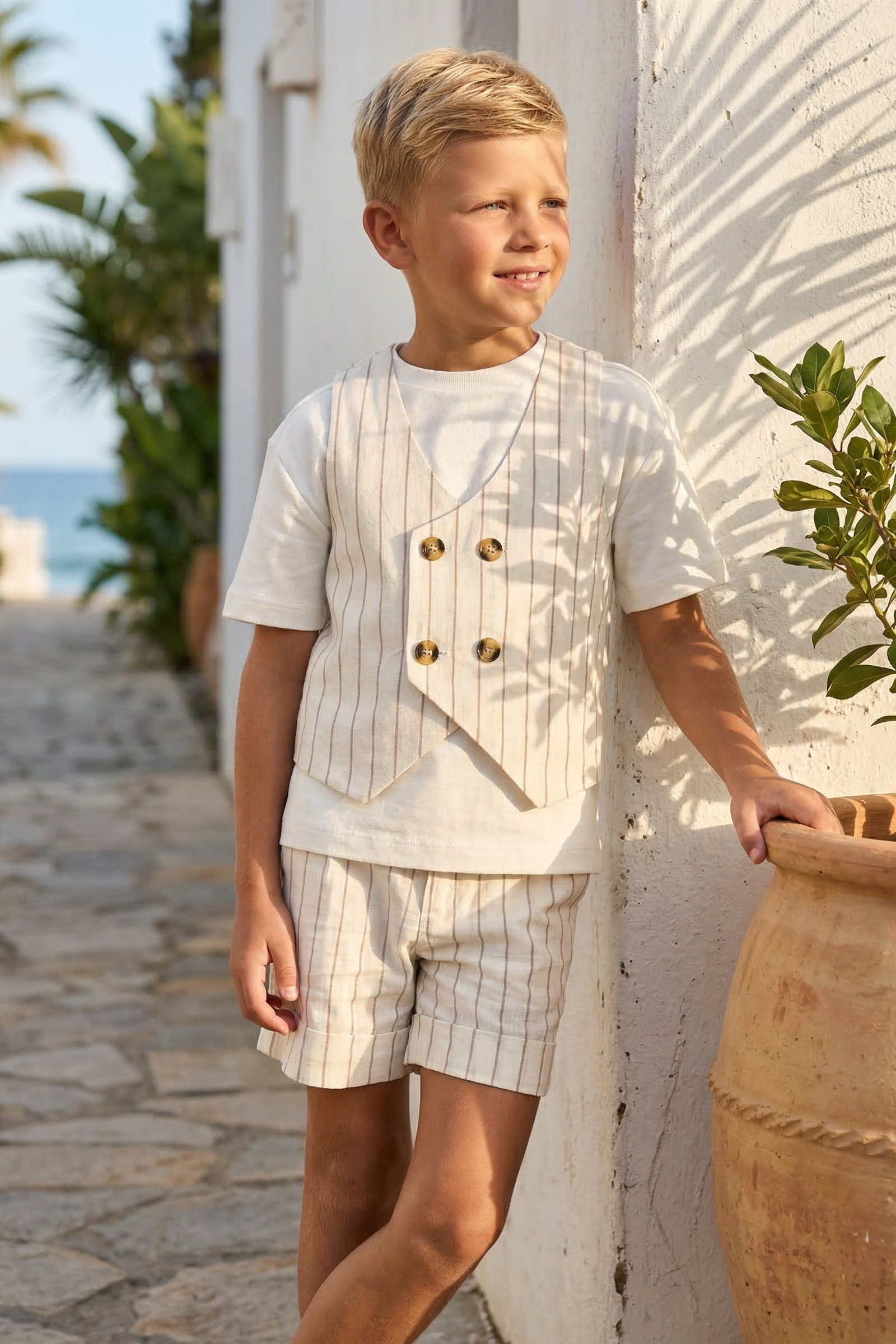 Off-White Striped Double-Breasted 2-Piece Set