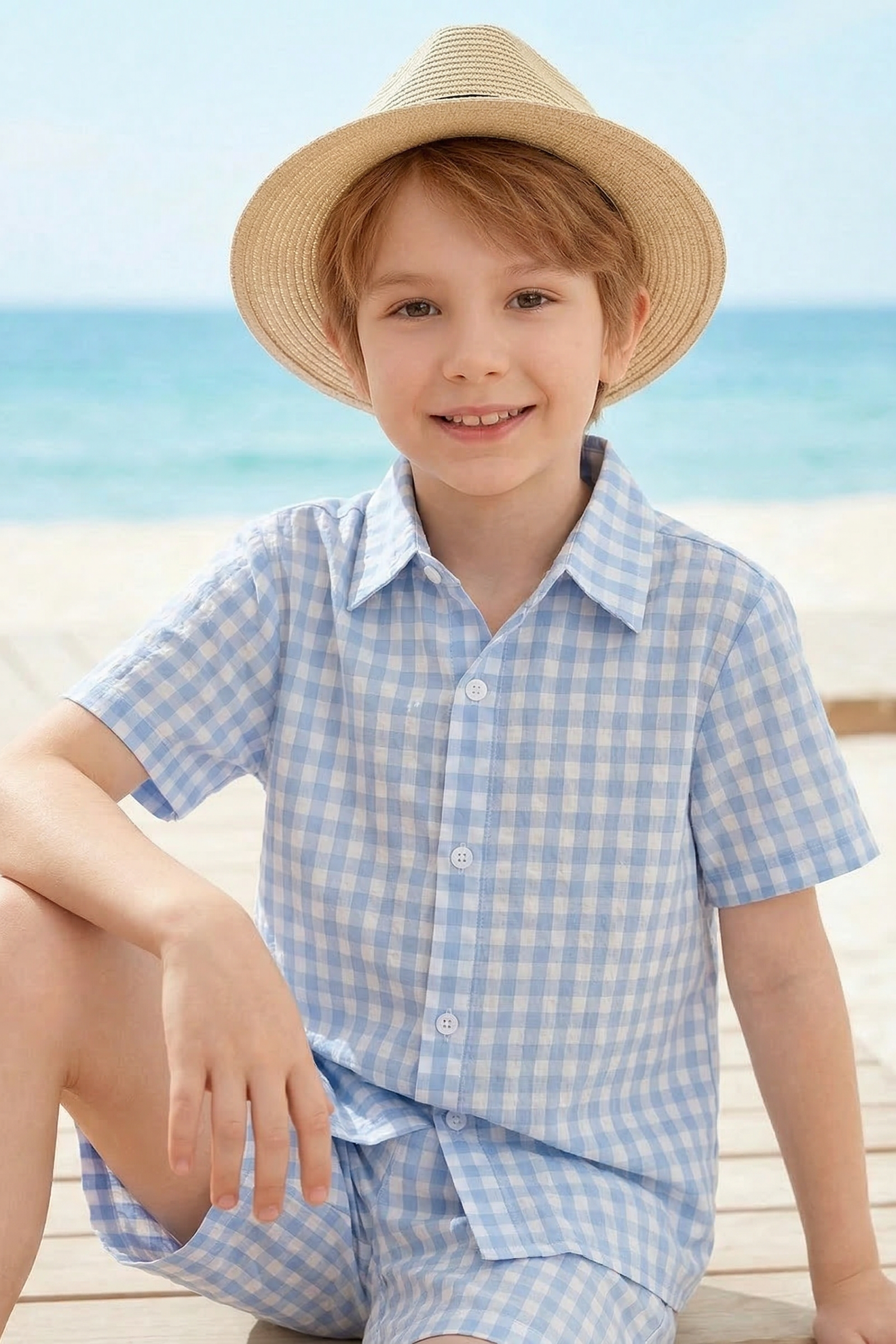 Blue And White Checkered Shirt 2-Piece Set