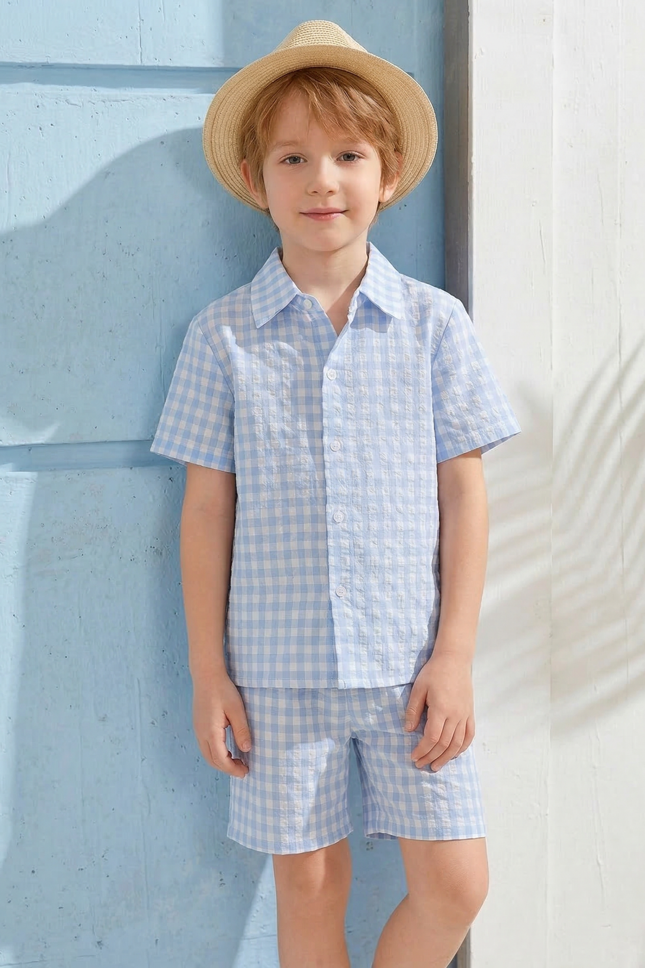 Blue And White Checkered Shirt 2-Piece Set