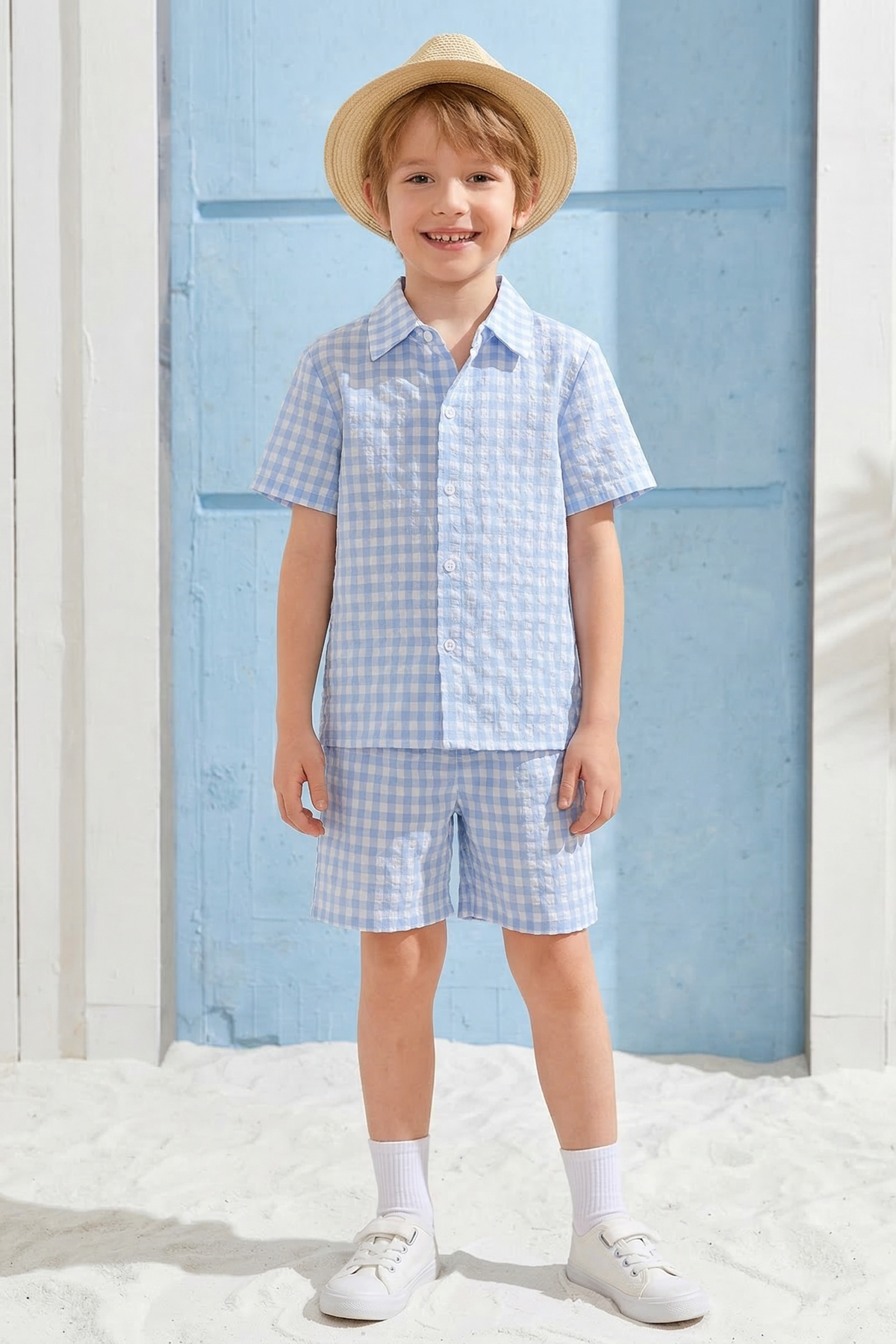 Blue And White Checkered Shirt 2-Piece Set