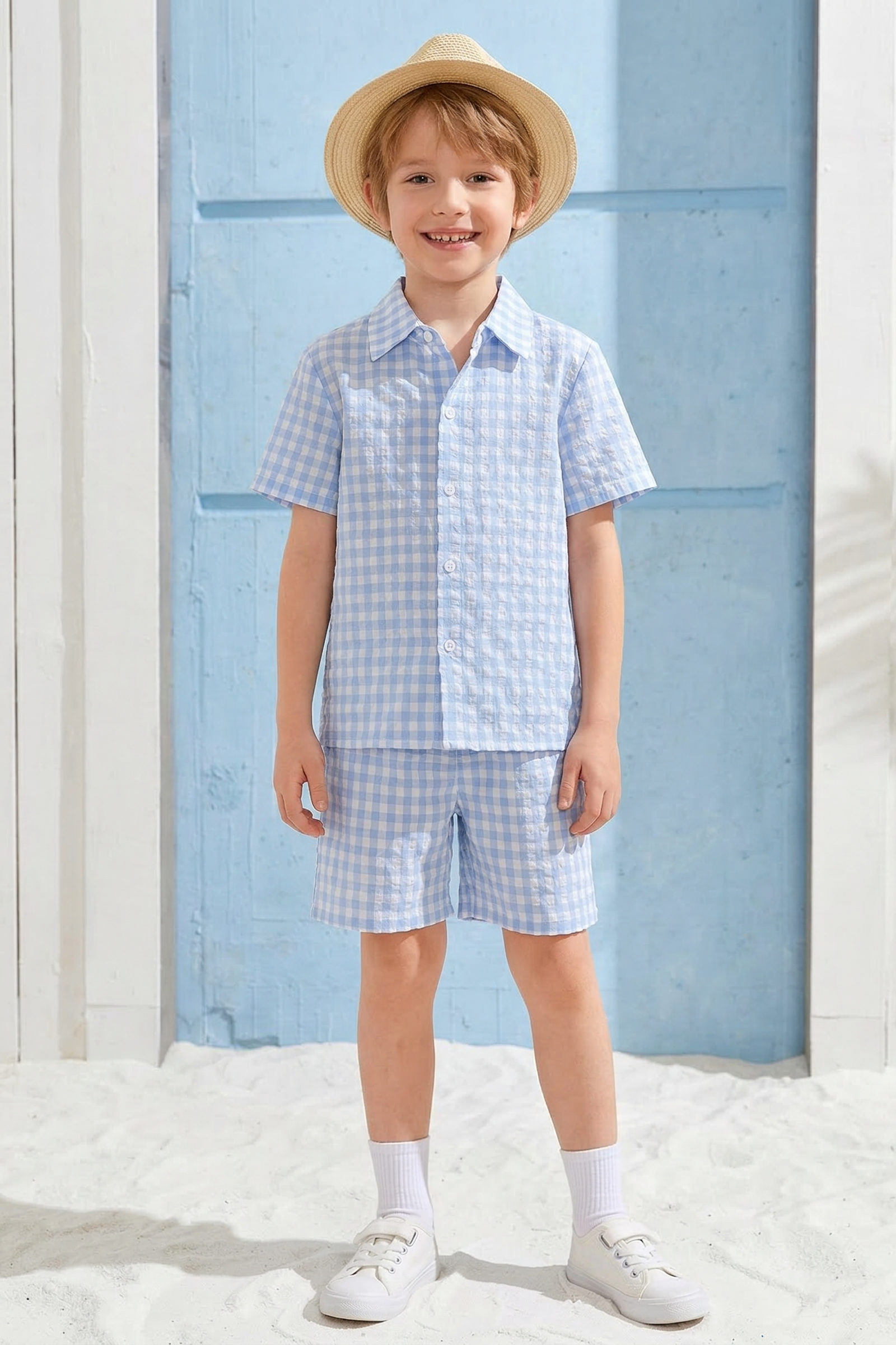 Blue And White Checkered Shirt 2-Piece Set