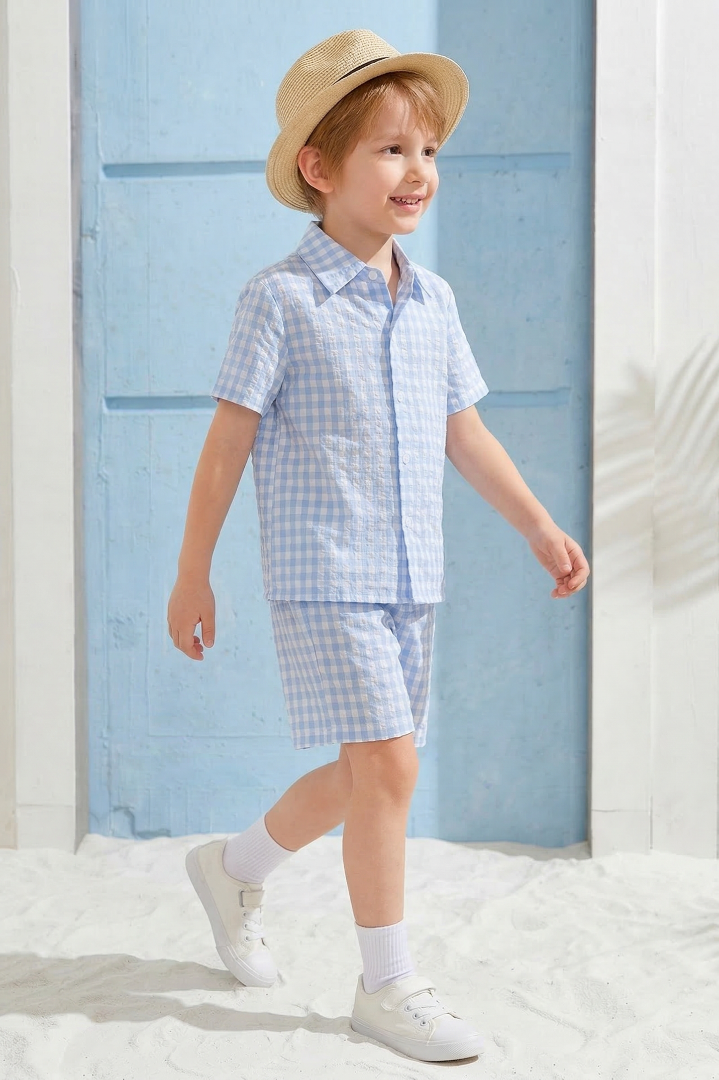 Blue And White Checkered Shirt 2-Piece Set
