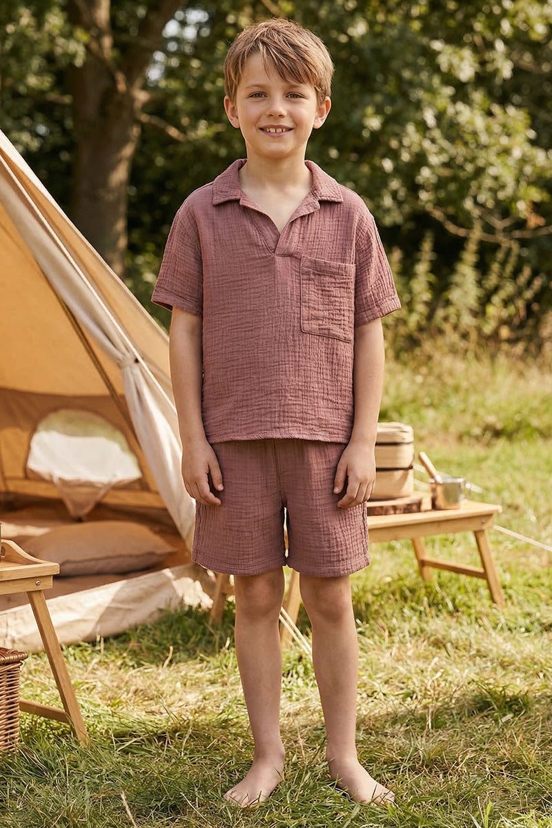 Boys Dusty Rose Crinkle Linen Short-Sleeve Shirt & Shorts Set