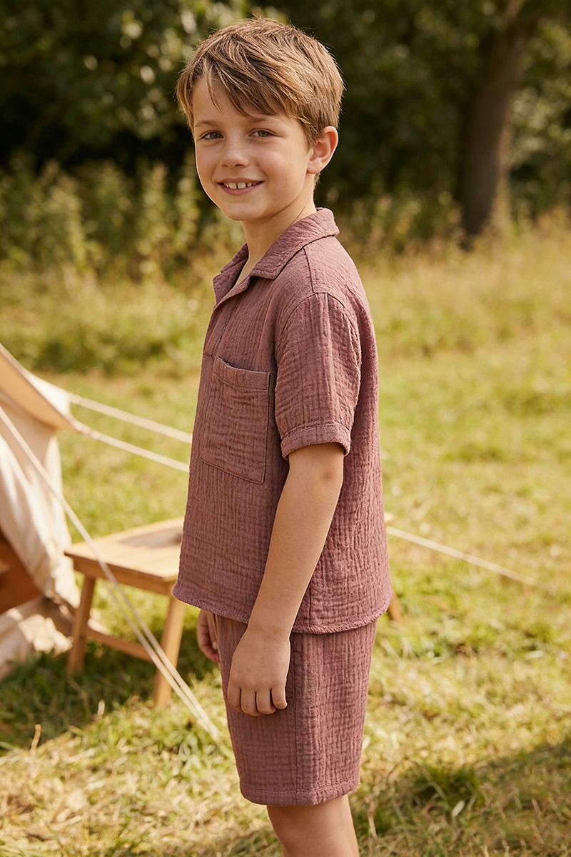Boys Dusty Rose Crinkle Linen Short-Sleeve Shirt & Shorts Set