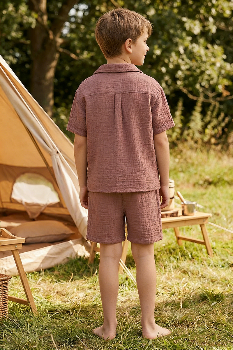 Boys Dusty Rose Crinkle Linen Short-Sleeve Shirt & Shorts Set