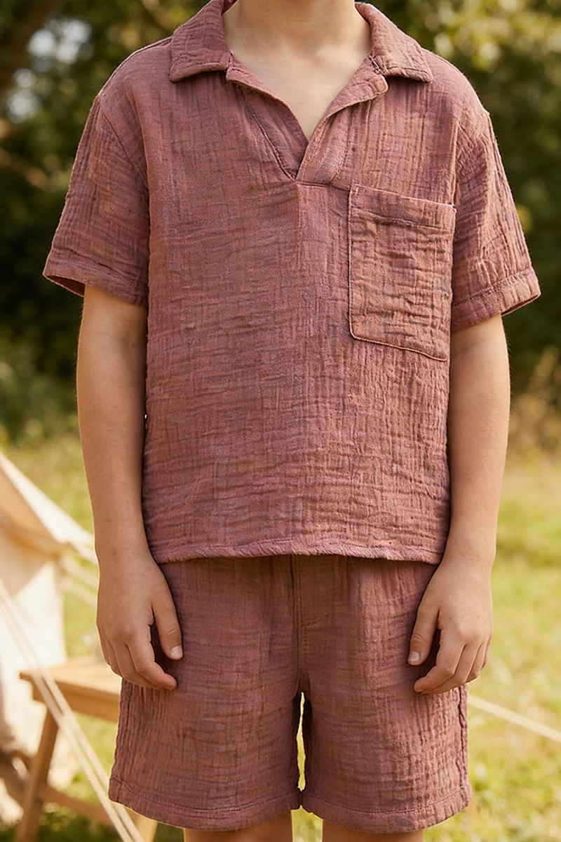 Boys Dusty Rose Crinkle Linen Short-Sleeve Shirt & Shorts Set