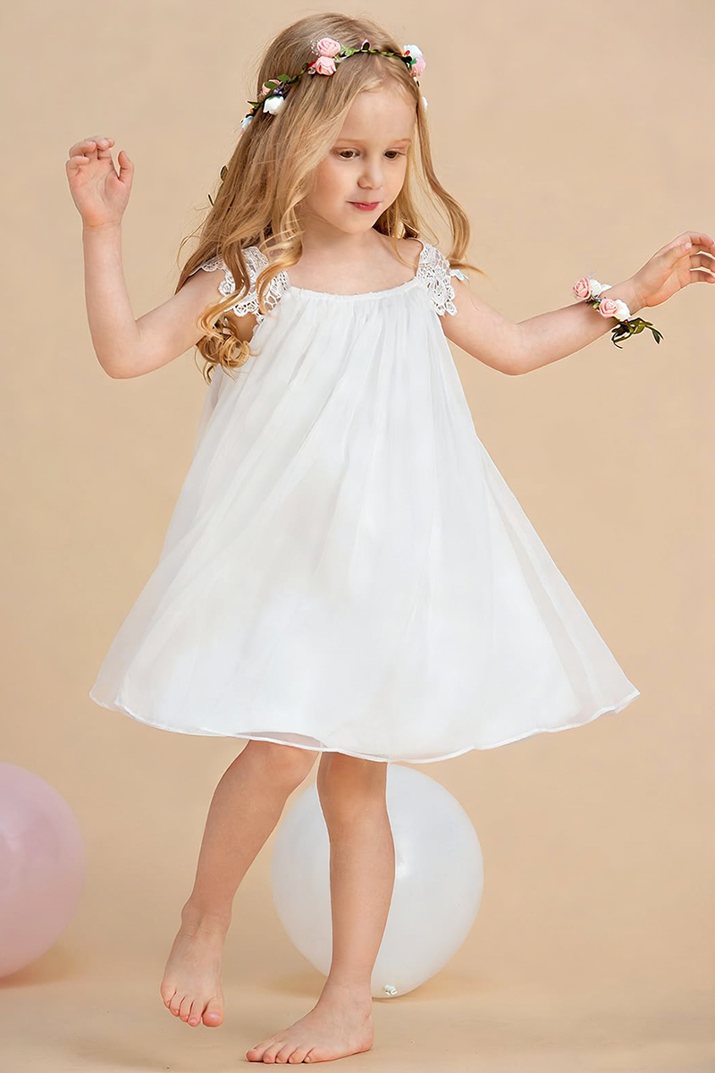 White A-line Scoop Tea-Length Chiffon Flower Girl Dress