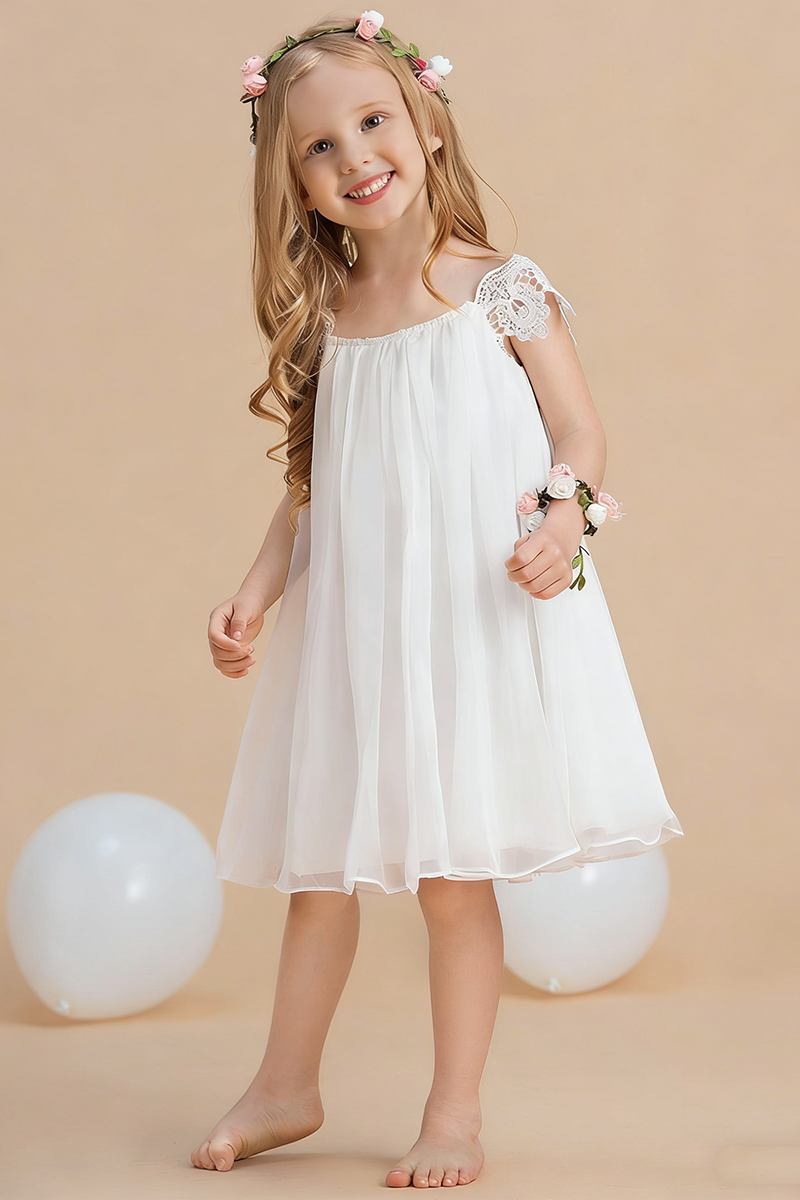 White A-line Scoop Tea-Length Chiffon Flower Girl Dress