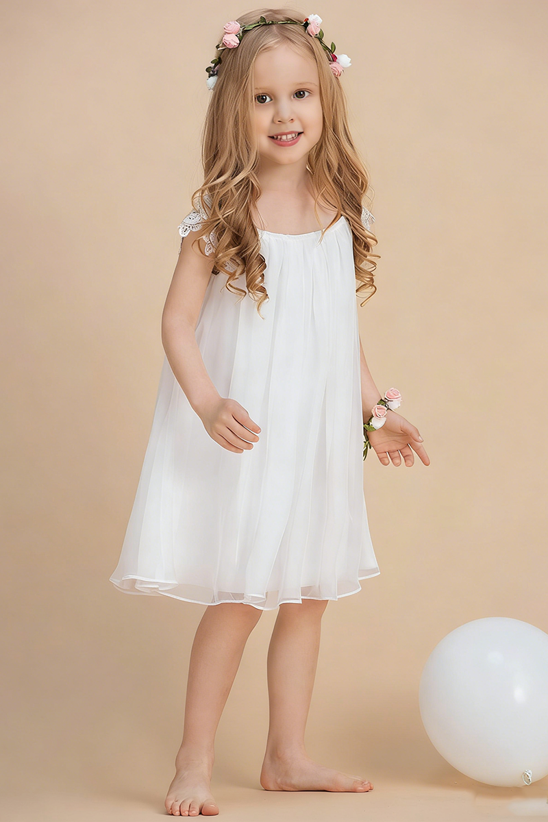 White A-line Scoop Tea-Length Chiffon Flower Girl Dress