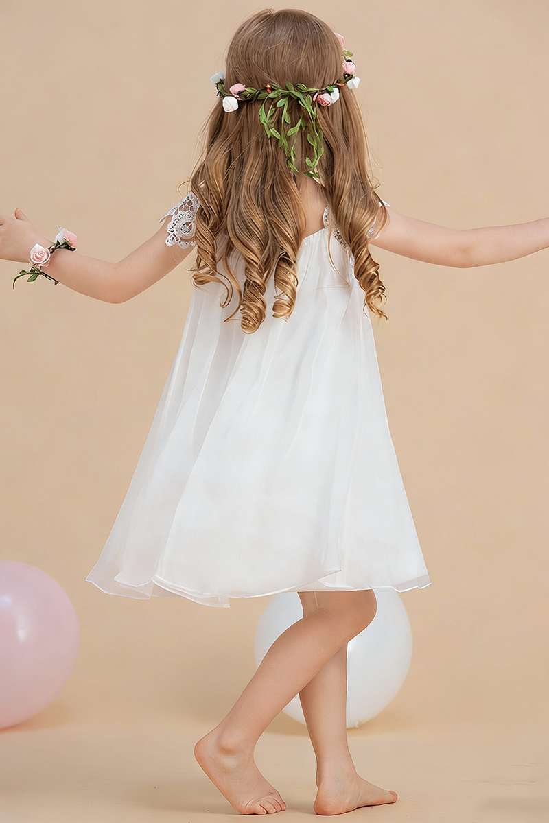 White A-line Scoop Tea-Length Chiffon Flower Girl Dress