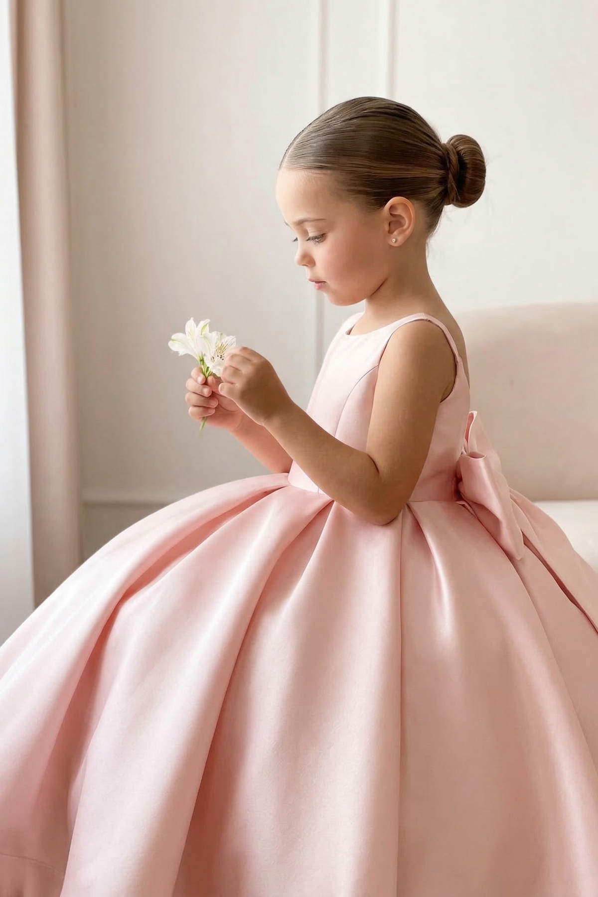 Pink Satin Round Neck Bow Dress