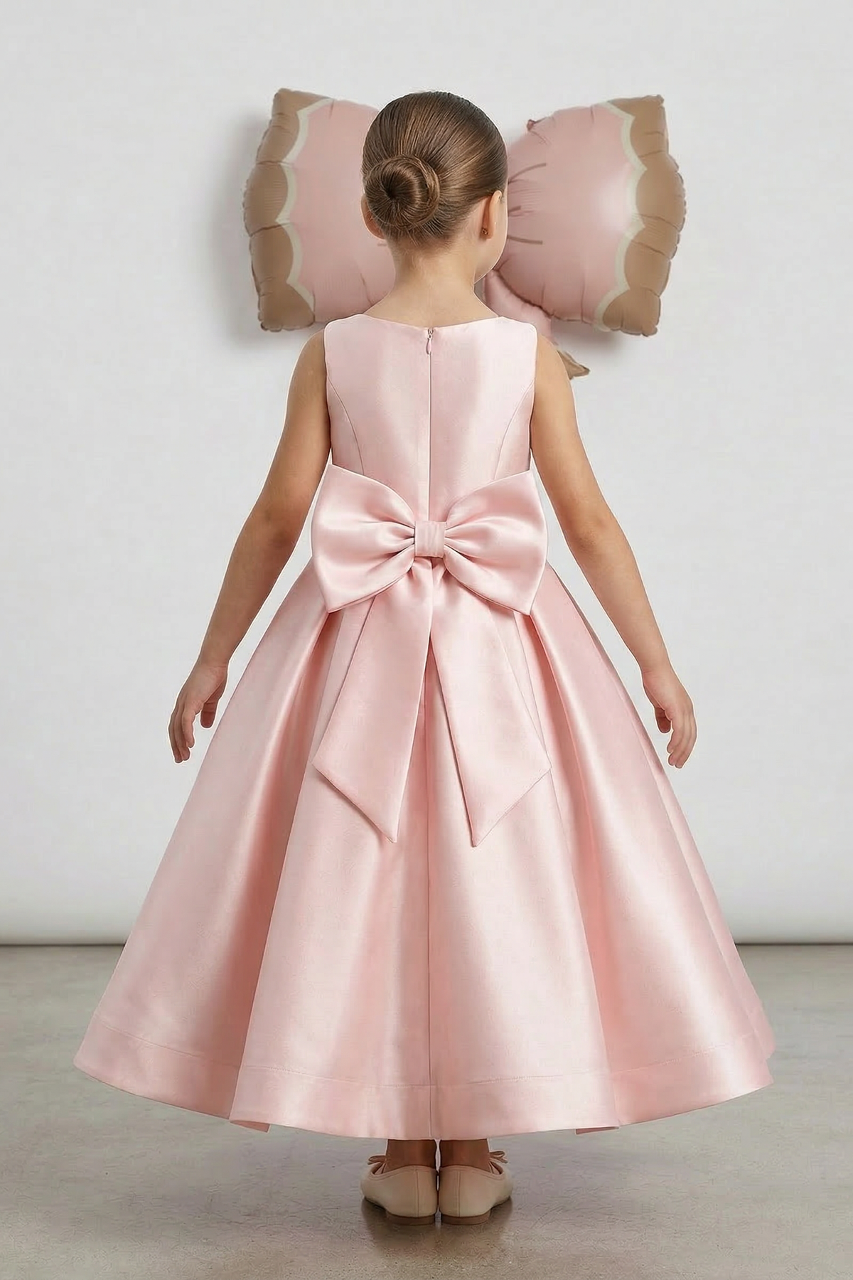 Pink Satin Round Neck Bow Dress