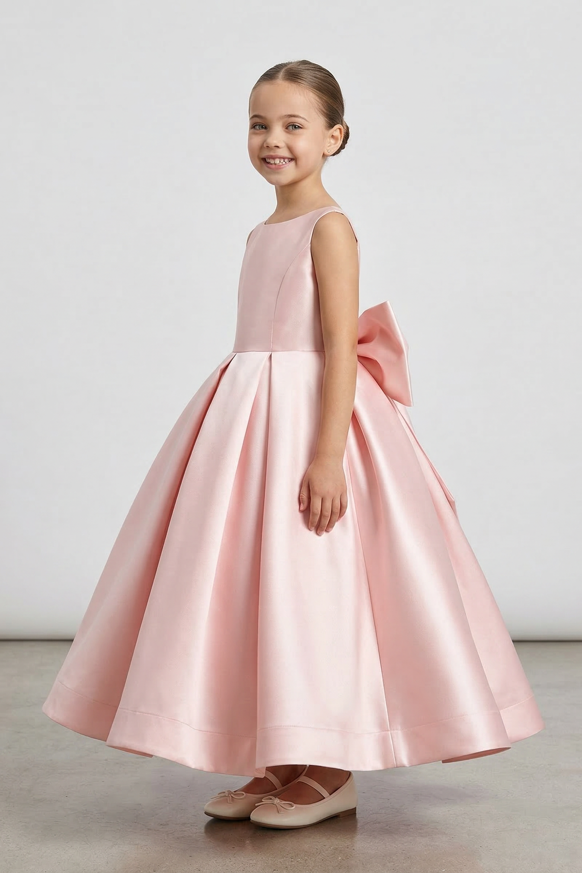 Pink Satin Round Neck Bow Dress