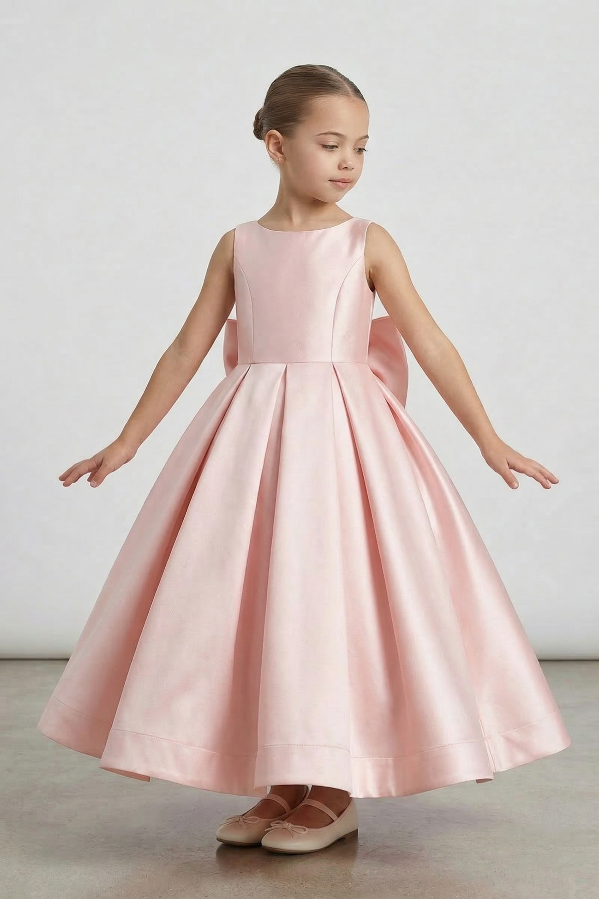 Pink Satin Round Neck Bow Dress