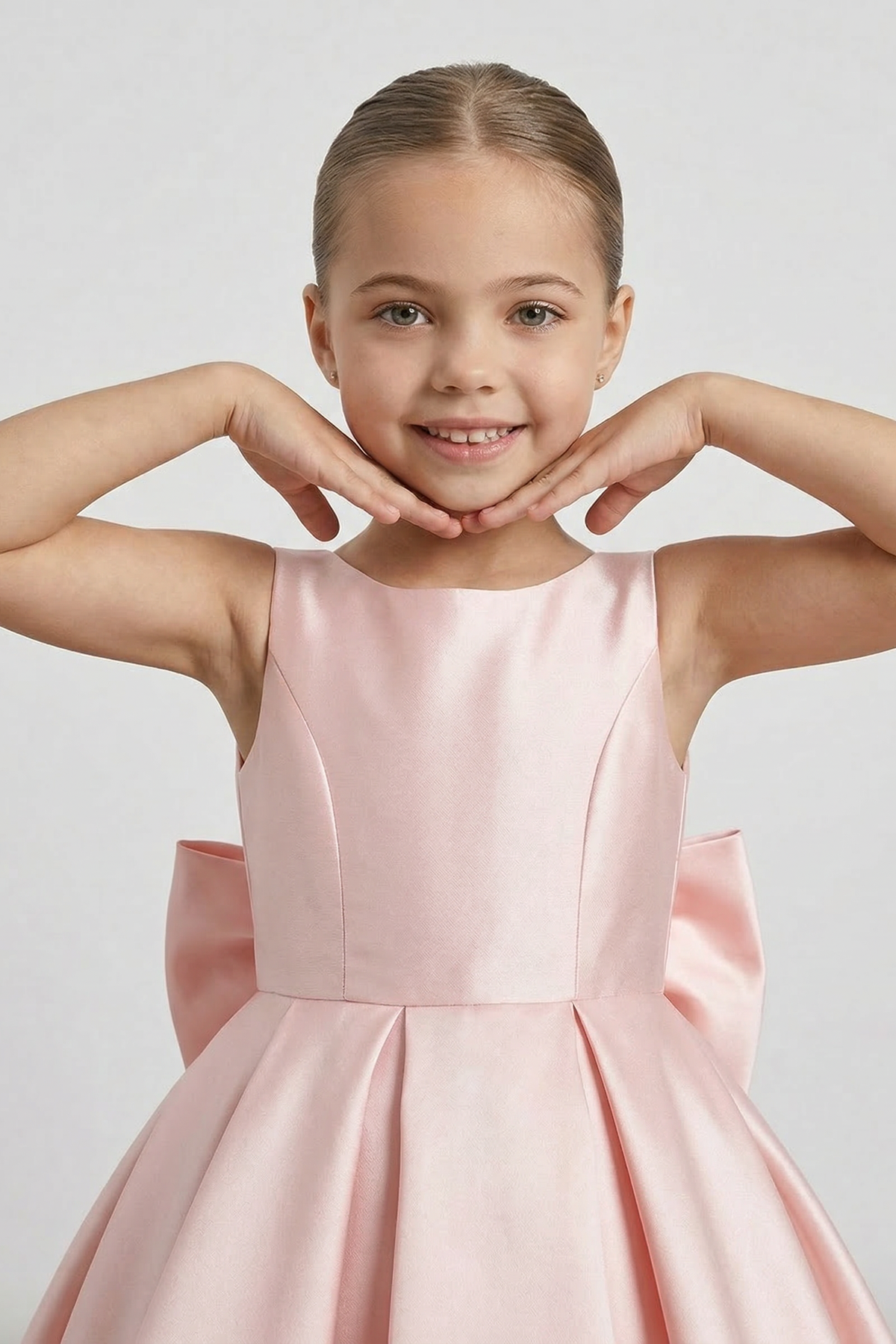 Pink Satin Round Neck Bow Dress