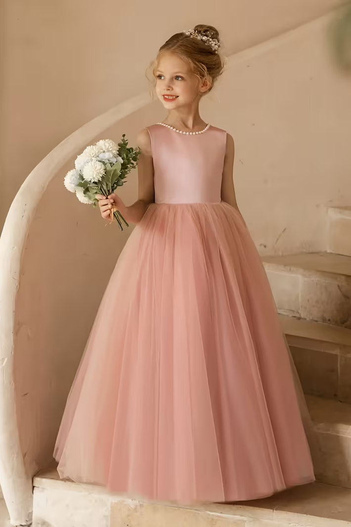 Satin Mesh Pearl Bow Dress