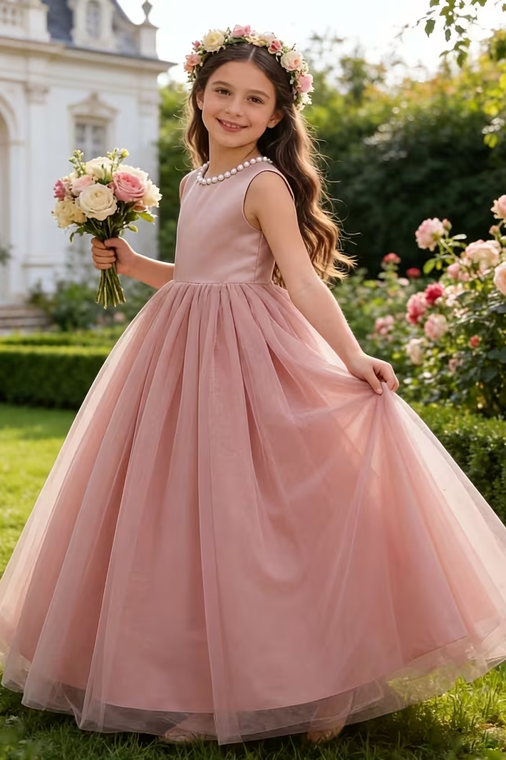 Satin Mesh Pearl Bow Dress