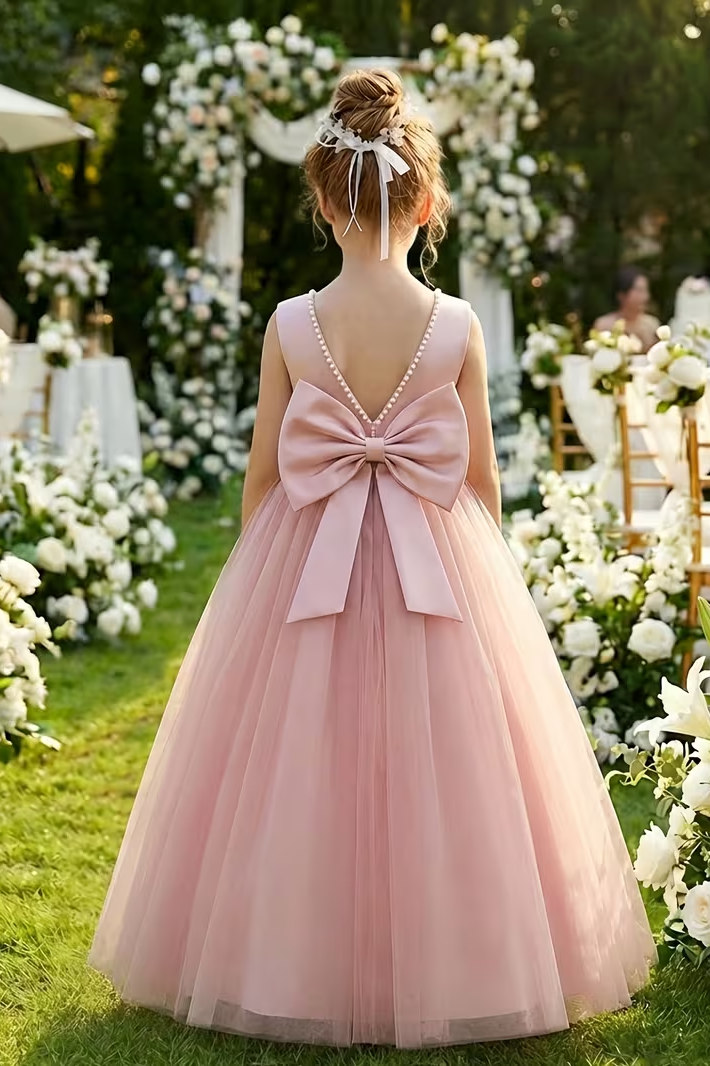 Satin Mesh Pearl Bow Dress
