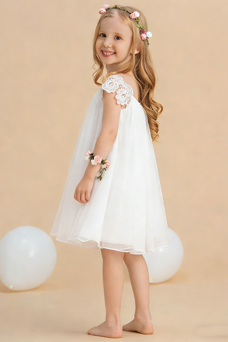White A-line Scoop Tea-Length Chiffon Flower Girl Dress