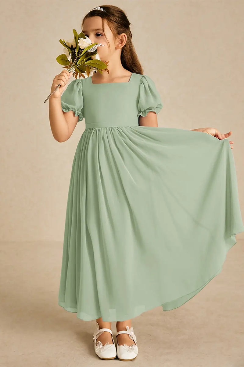 Sage Green A-Line Chiffon Flower Girl Dress