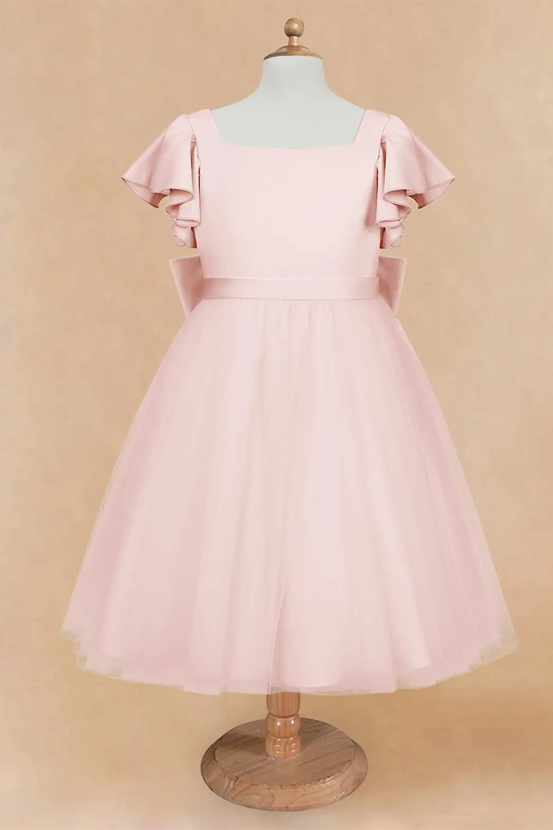 Blush Pink Satin & Tulle Ruffle-Sleeve Flower Girl Dress