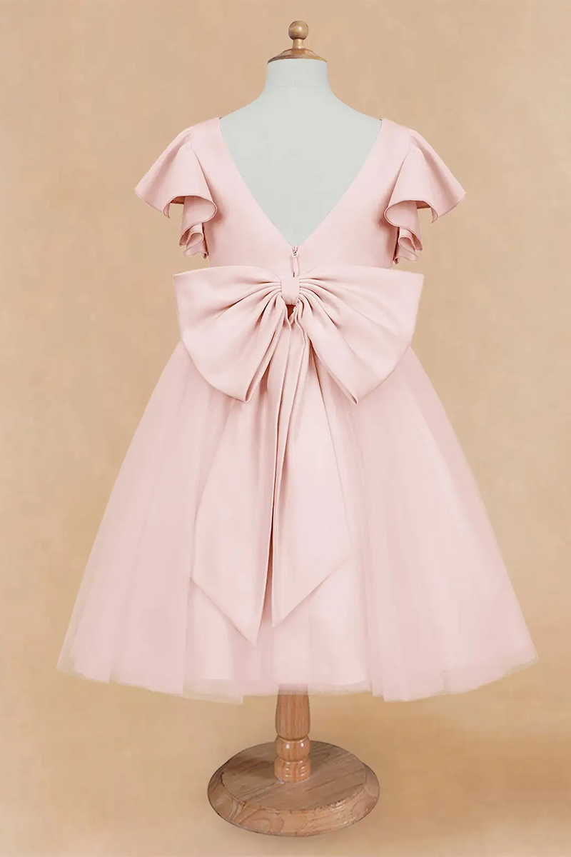 Blush Pink Satin & Tulle Ruffle-Sleeve Flower Girl Dress