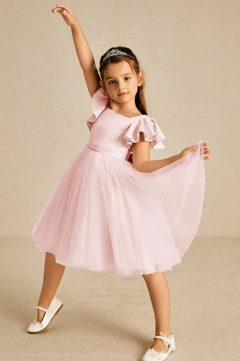 Blush Pink Satin & Tulle Ruffle-Sleeve Flower Girl Dress
