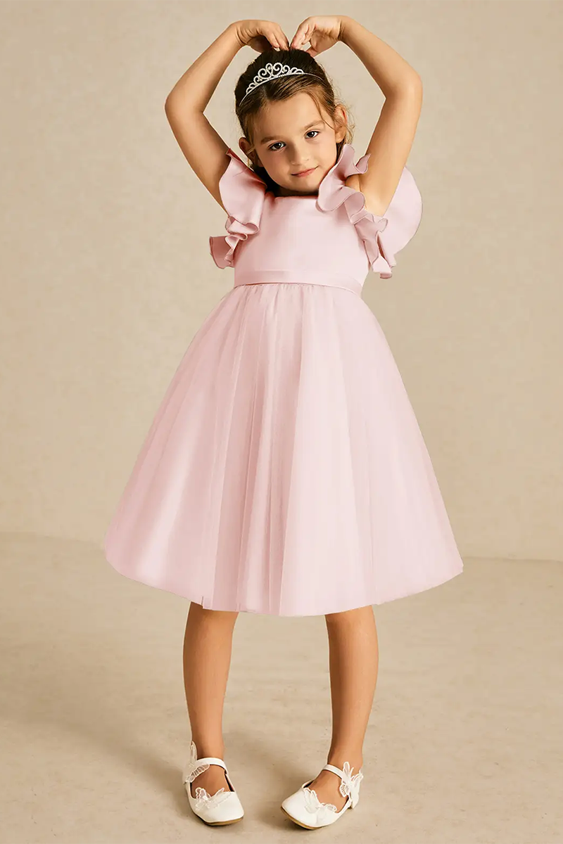 Blush Pink Satin & Tulle Ruffle-Sleeve Flower Girl Dress