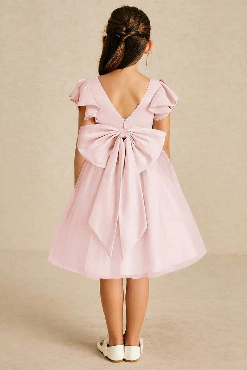 Blush Pink Satin & Tulle Ruffle-Sleeve Flower Girl Dress