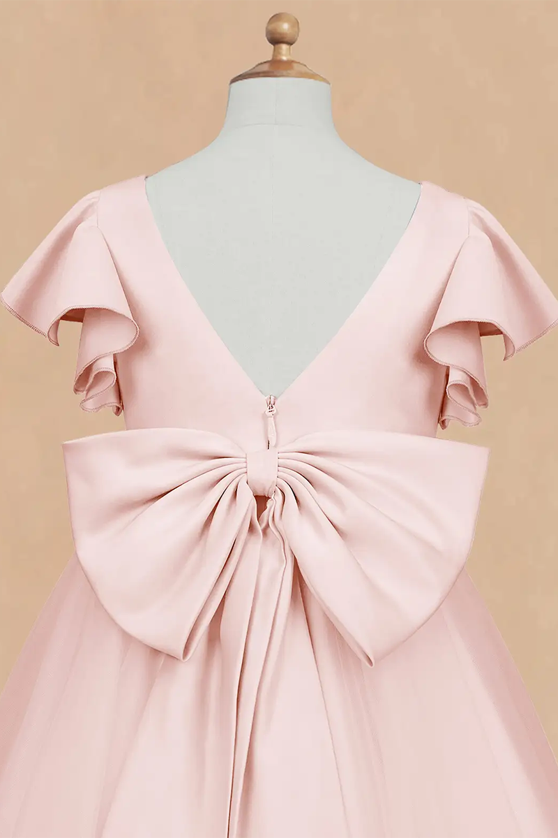 Blush Pink Satin & Tulle Ruffle-Sleeve Flower Girl Dress
