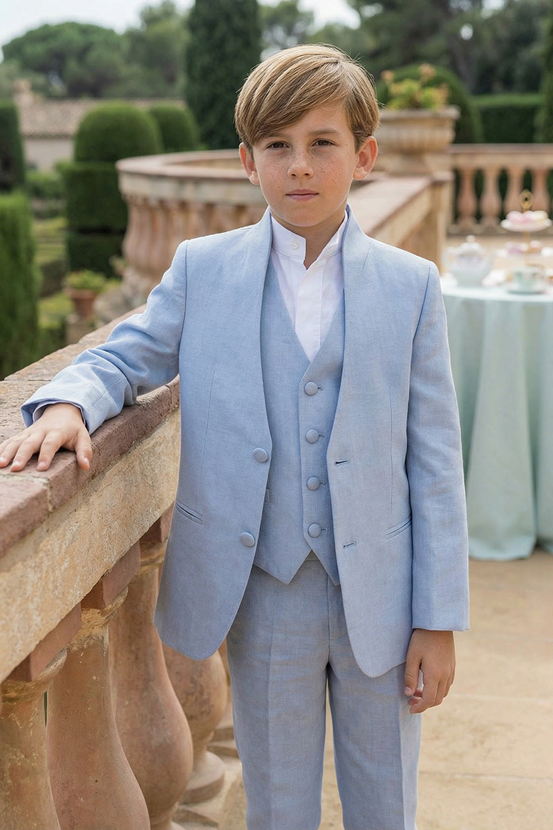 Boys Light Blue Linen 3-Piece Suit