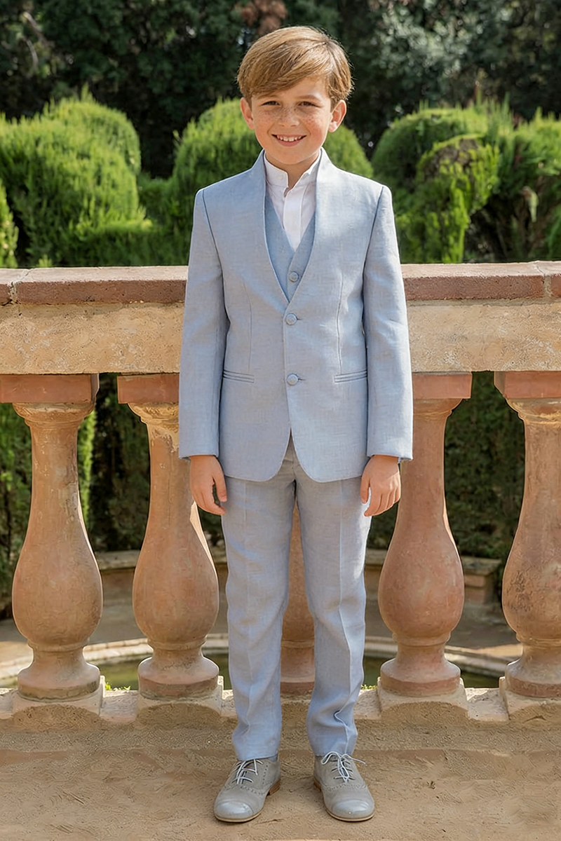 Boys Light Blue Linen 3-Piece Suit