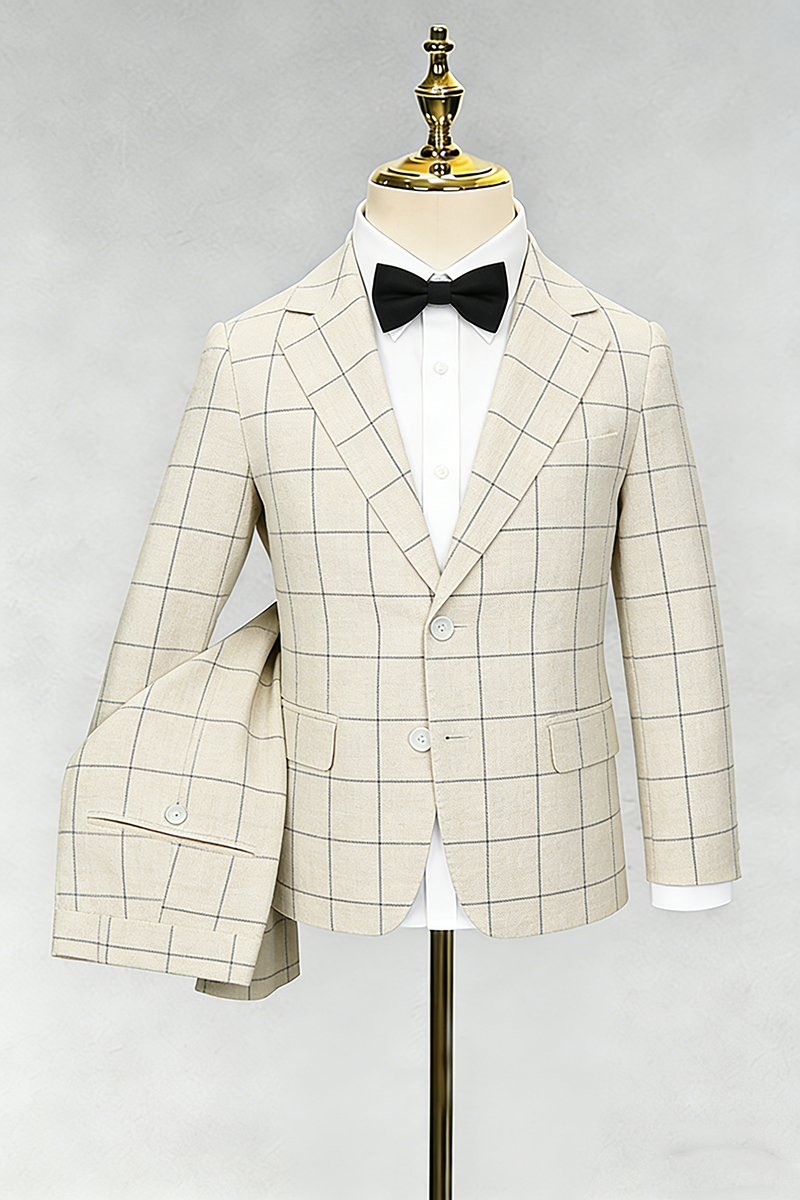 Boys Beige Linen-blend Windowpane Check 2-piece Suit
